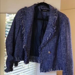 Zara Basic blue one button blazer with fringe